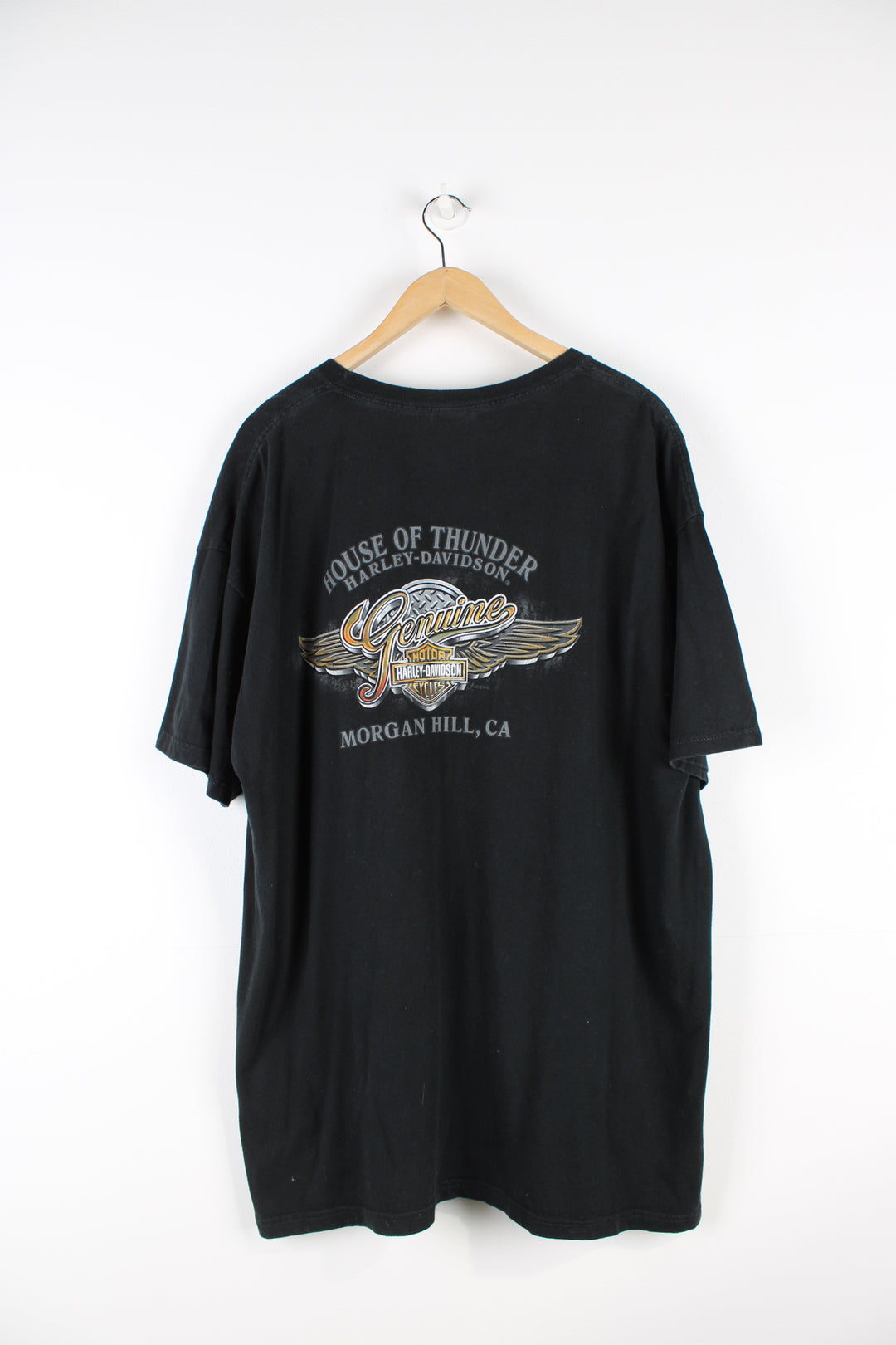 Vintage Harley Davidson Motorcycles Morgan Hill, California T-shirt in black, biker clown graphic printed on the front and logo printed on the back. 