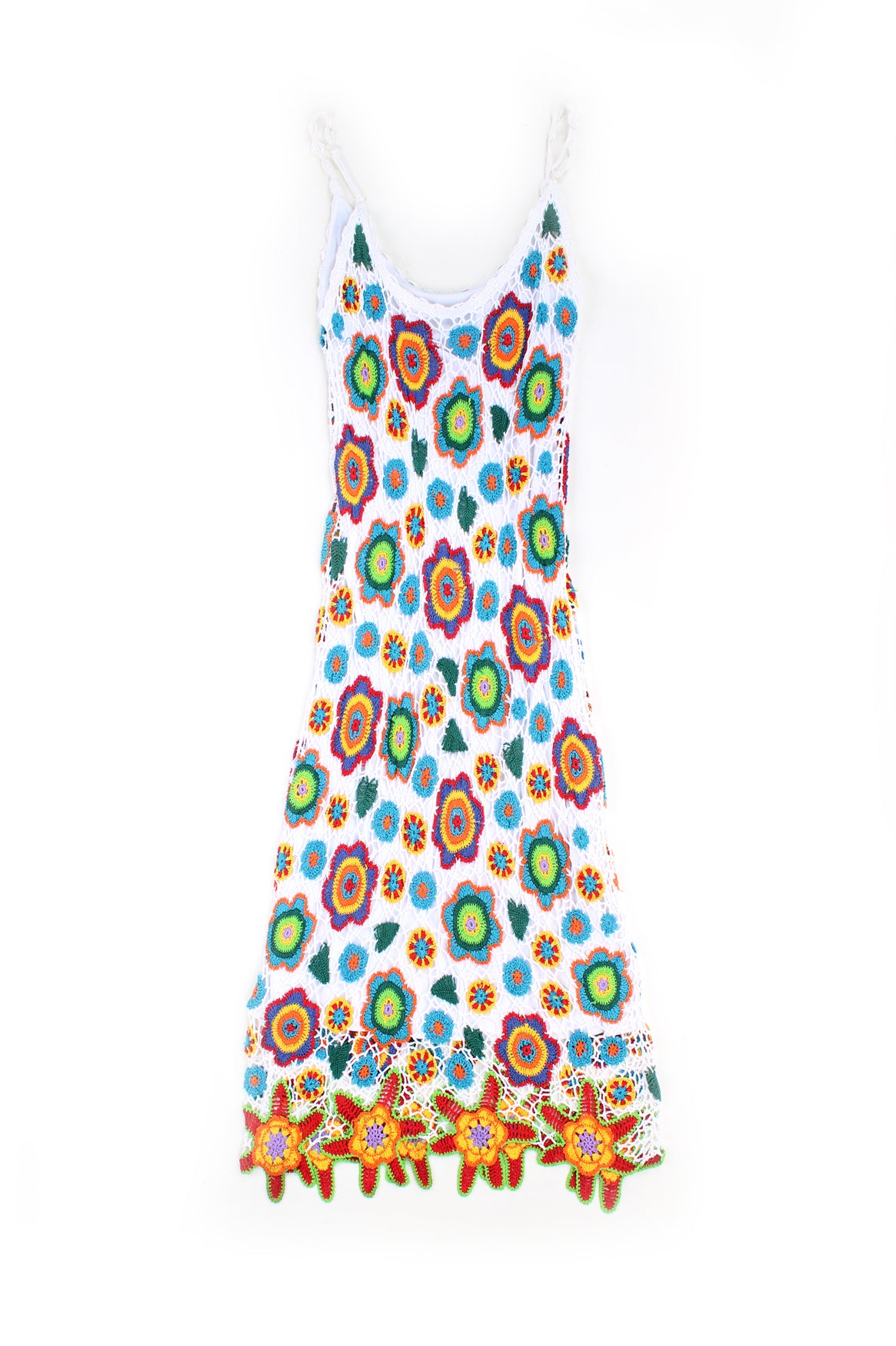 Y2K white with multicoloured flowers, crocheted maxi dress with spaghetti straps 