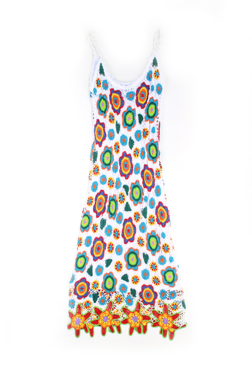 Y2K white with multicoloured flowers, crocheted maxi dress with spaghetti straps 