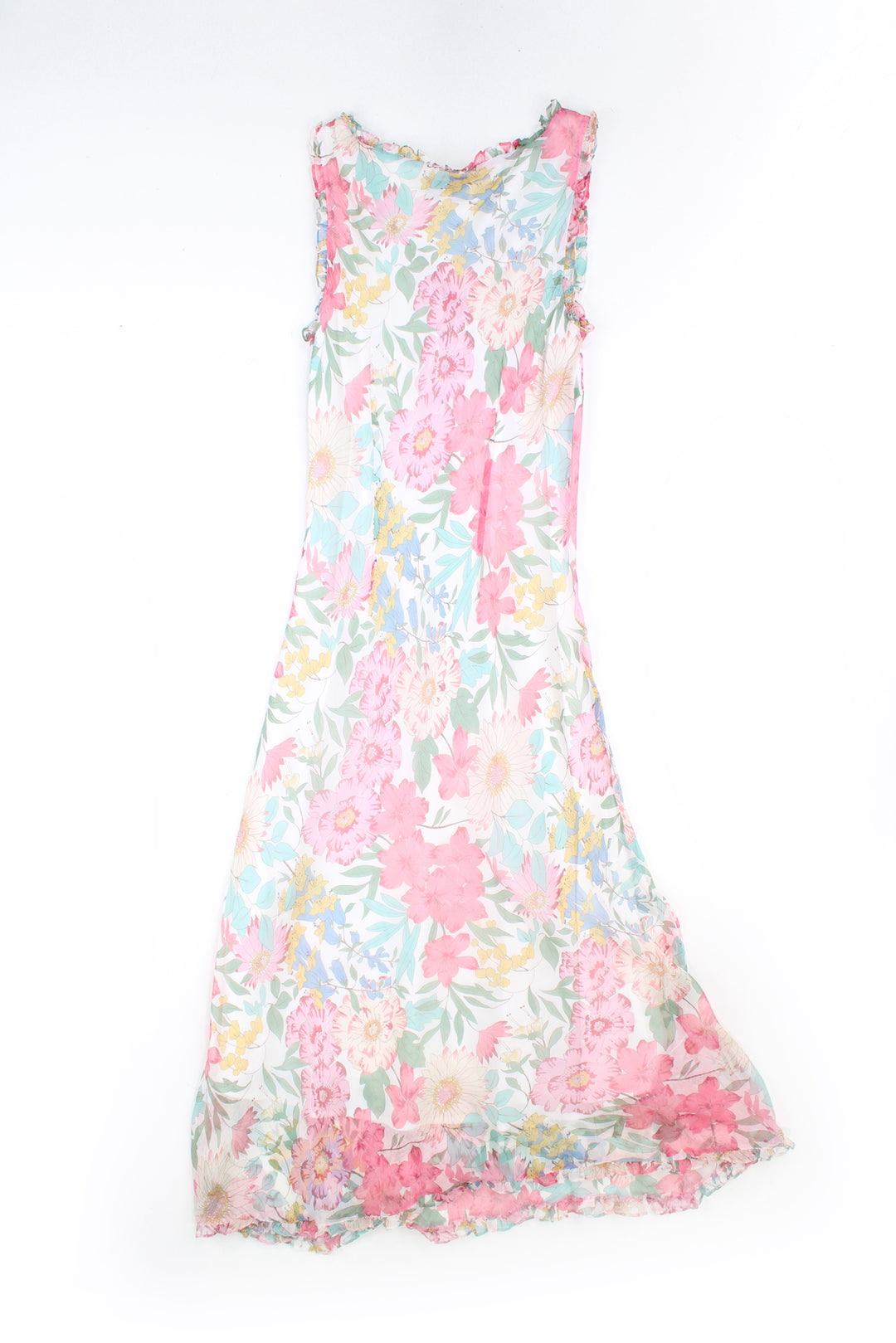 Y2K Patsy Seddon white maxi dress with sheer floral overlay, features frill details on the sleeves and hem 