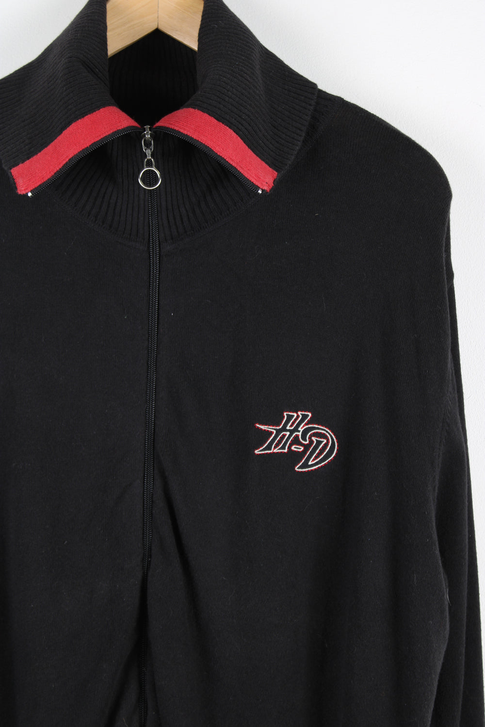 Vintage Harley Davidson knitted jumper, double zip up with big collar, lightweight jumper with embroidered logo on the chest. 