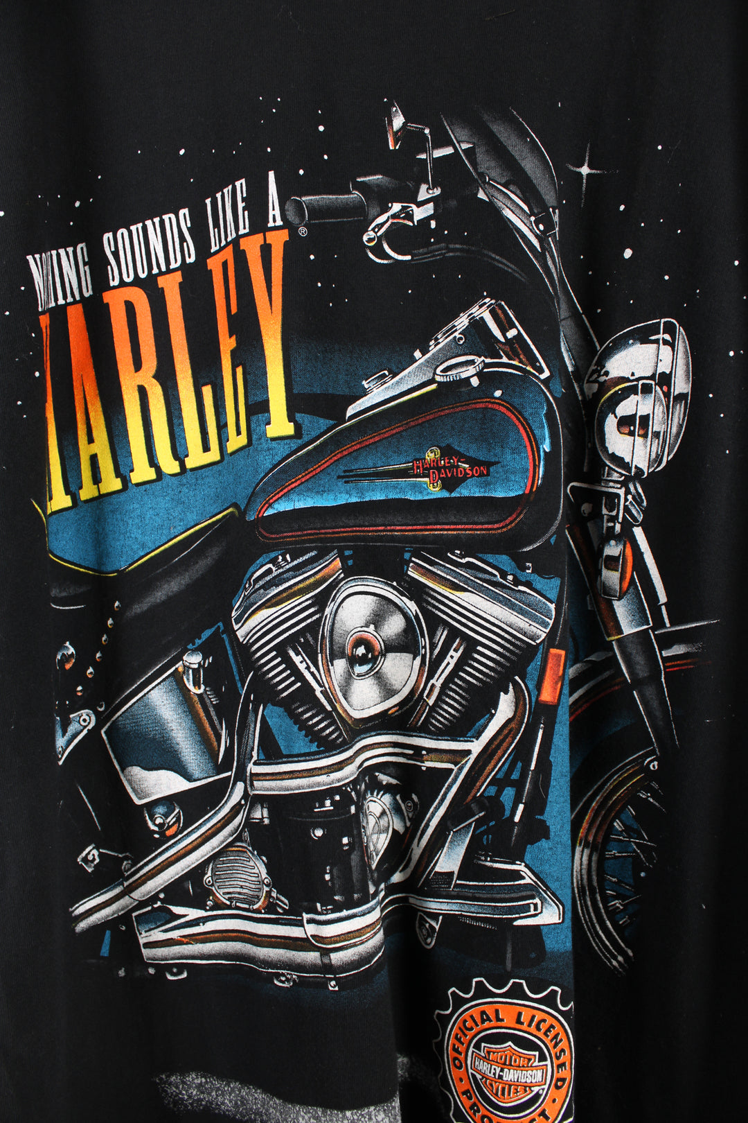 Vintage 1996 Harley Davidson single stitch T-shirt in black, big motorcycle graphic design printed on the front, and big logo on the back. 