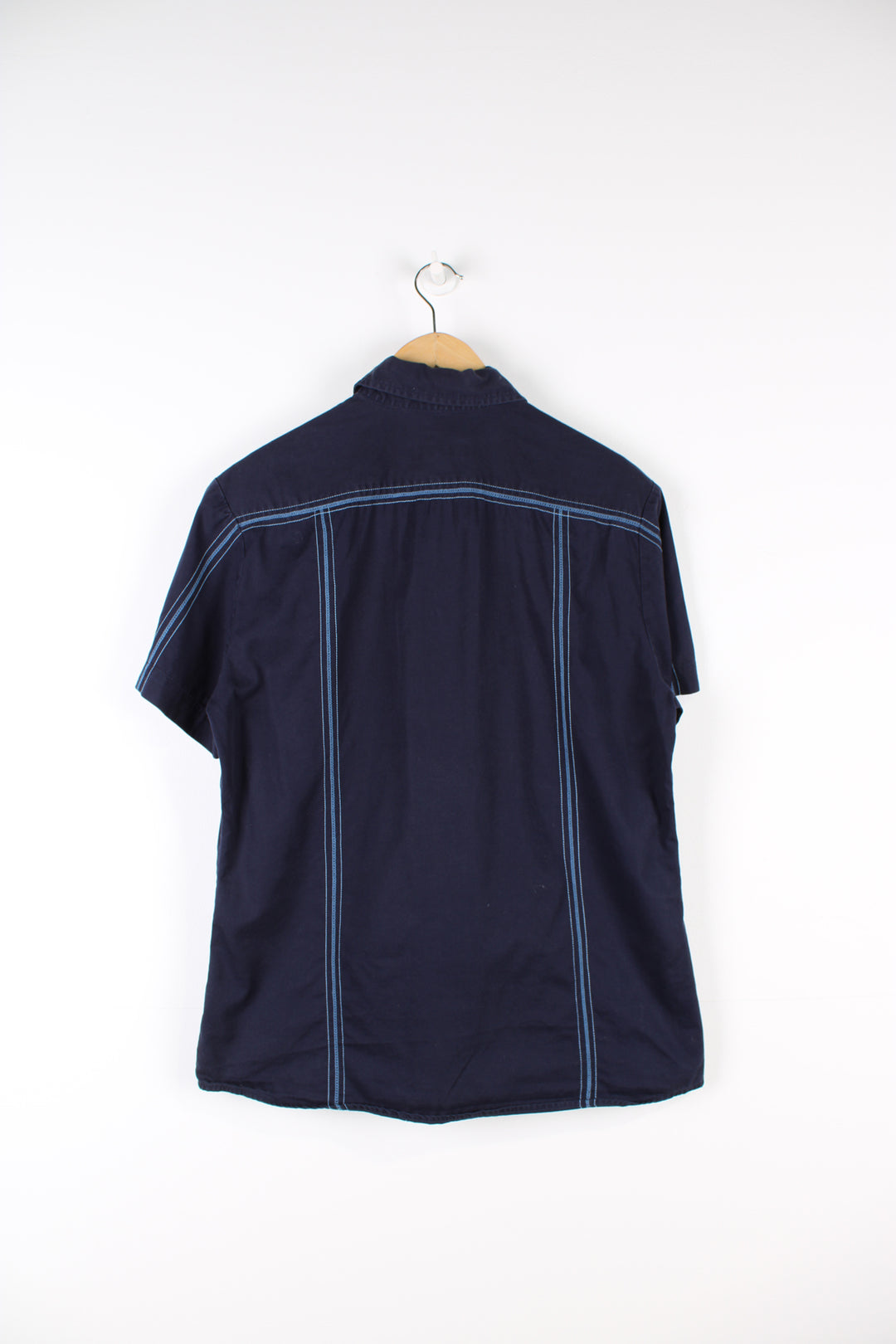 00's navy blue Diesel cotton button up shirt, features embroidered striped detailing and logo on the chest