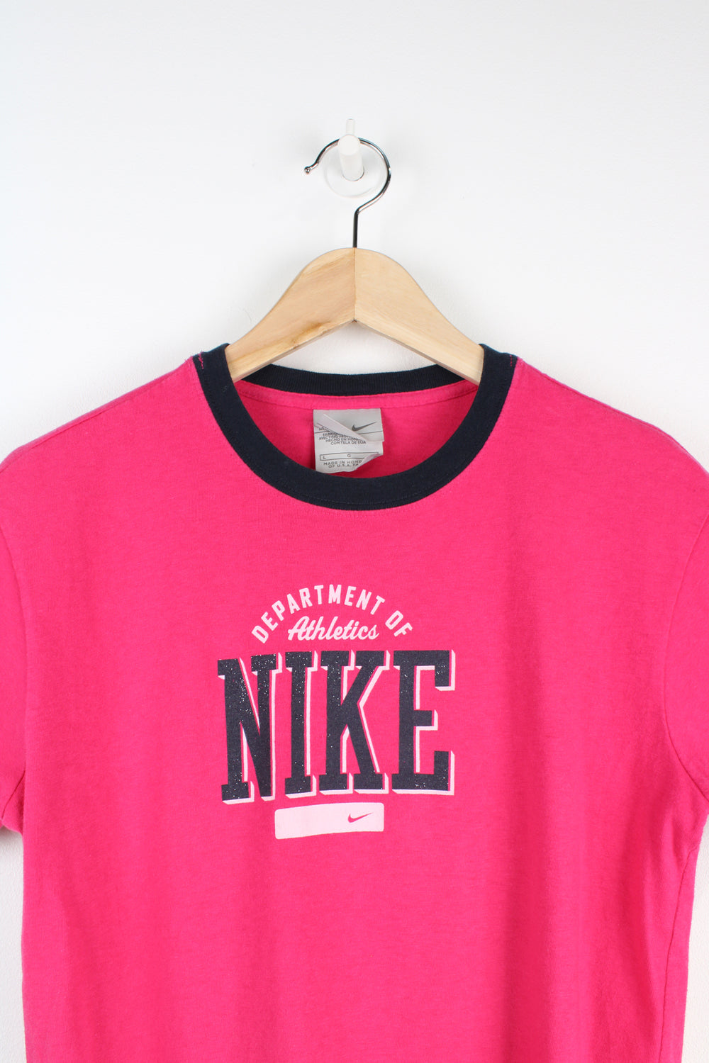 Y2K Nike baby tee/ ringer style t-shirt with sparkly printed logo on the front. good condition Size in Label: Womens L