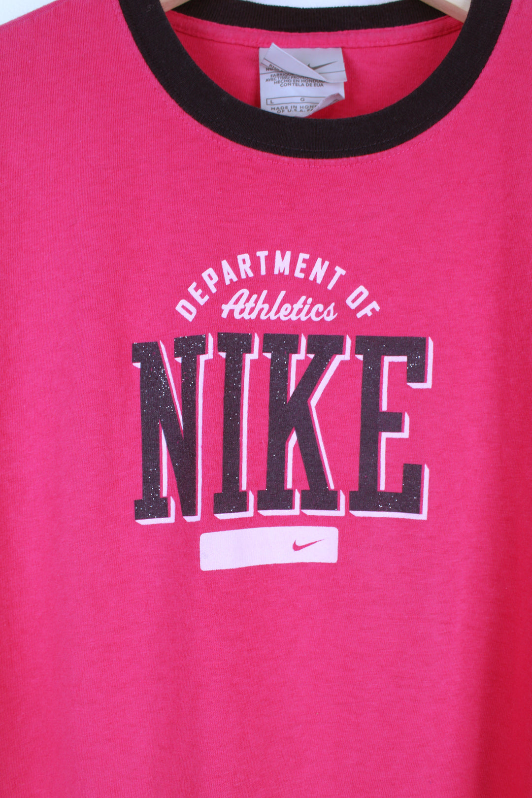 Y2K Nike baby tee/ ringer style t-shirt with sparkly printed logo on the front. good condition Size in Label: Womens L