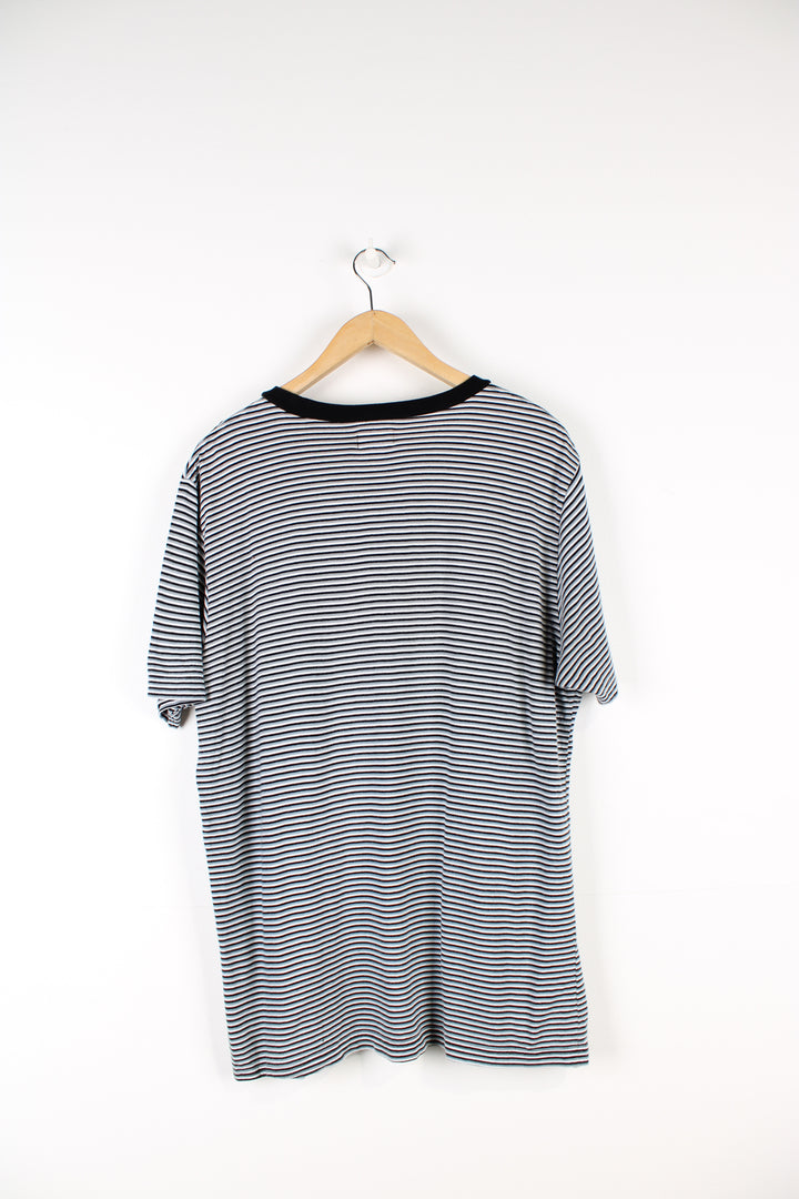 Supreme black, white and grey striped t-shirt, features embroidered spell-out on the chest