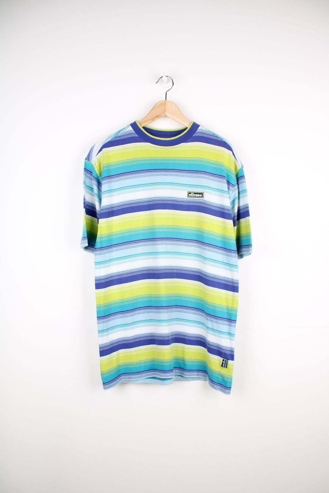 00's green and blue striped Ellesse t-shirt with embroidered logo on the chest. good condition Size in Label: Mens M