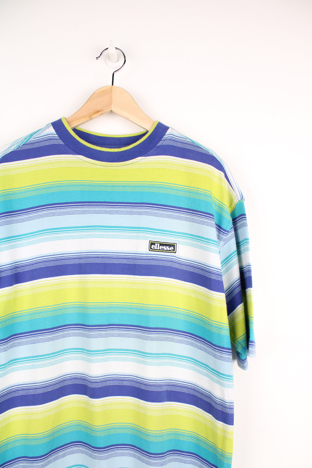 00's green and blue striped Ellesse t-shirt with embroidered logo on the chest. good condition Size in Label: Mens M