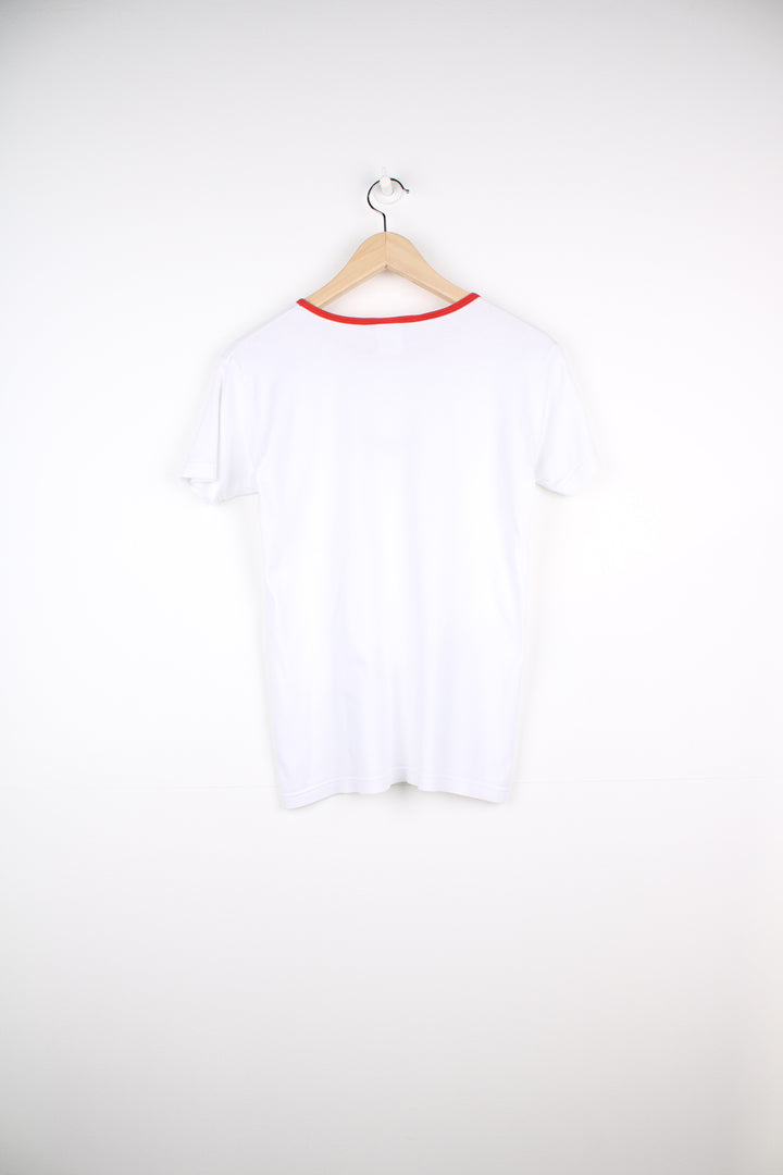 Y2K white Reebok fitted t-shirt with embroidered logo on the chest and red piping around the neck. good condition Size in Label: Womens M