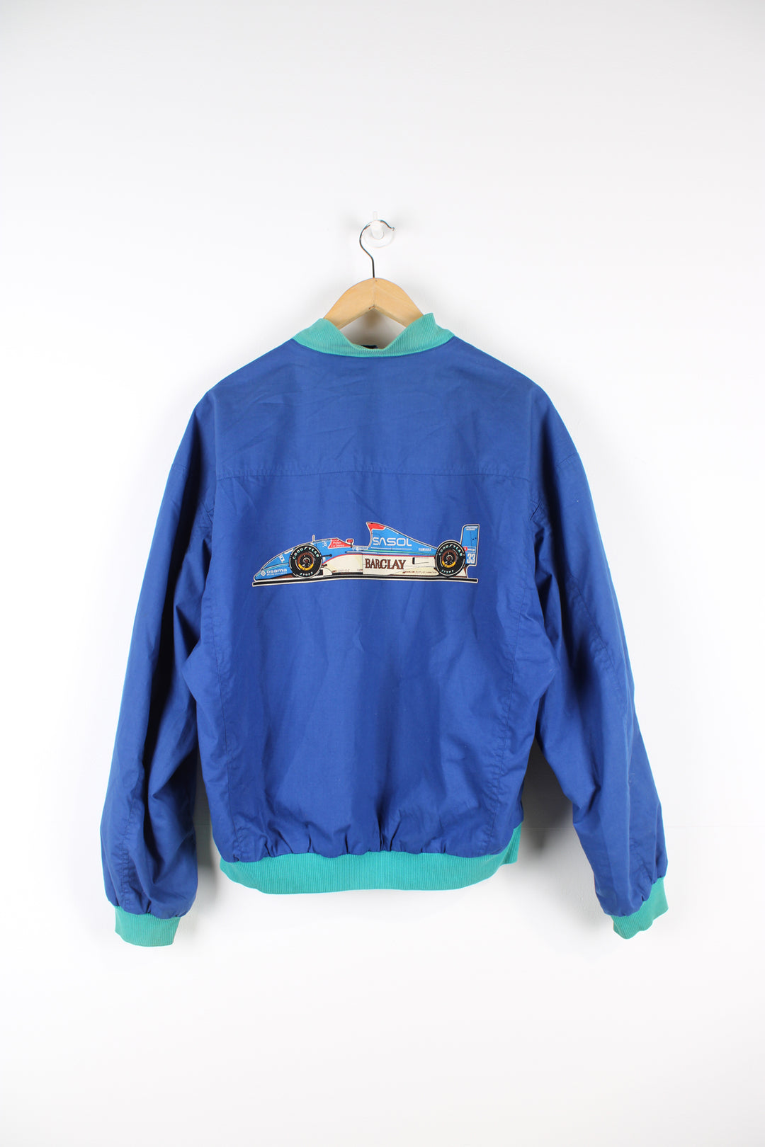 Rare vintage 1992 Sasol Jordan Yamaha blue cotton, zip through  racing jacket features F1 car Jordan 192 on the back