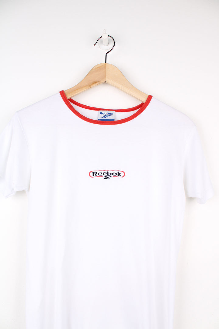 Y2K white Reebok fitted t-shirt with embroidered logo on the chest and red piping around the neck. good condition Size in Label: Womens M