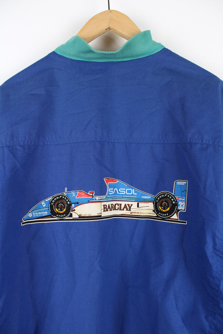 Rare vintage 1992 Sasol Jordan Yamaha blue cotton, zip through  racing jacket features F1 car Jordan 192 on the back