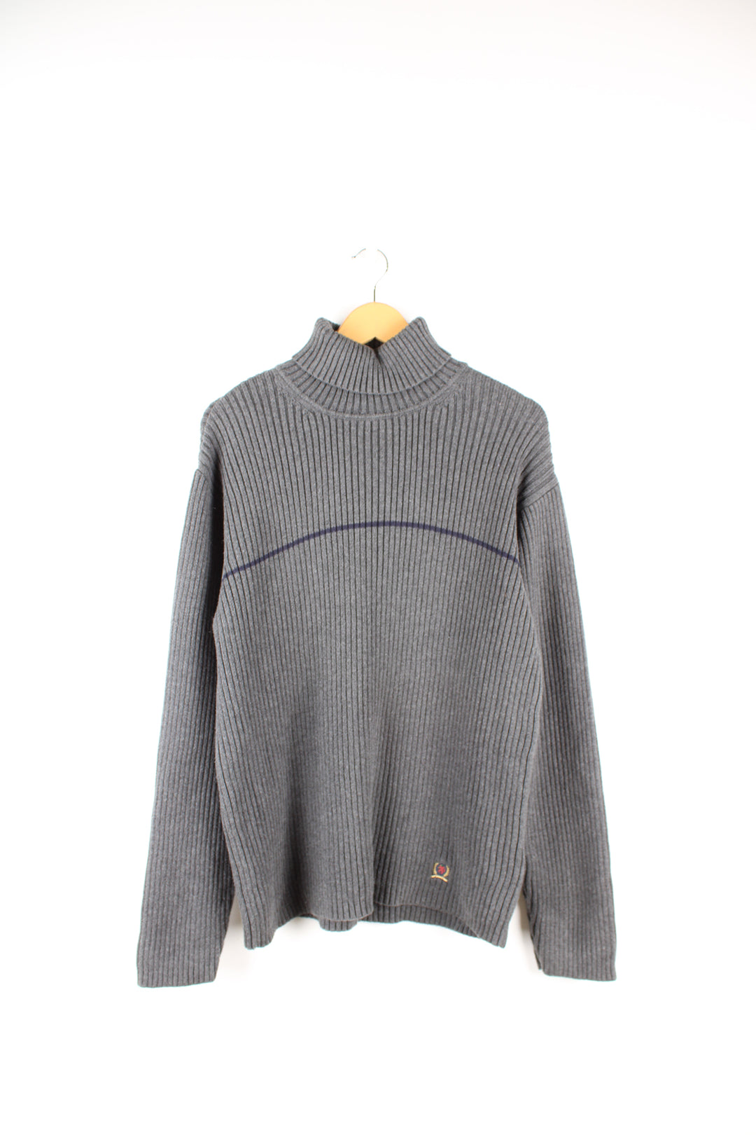 Tommy Hilfiger grey rib knit roll neck jumper. Features a horizontal darker grey stripe across the chest and embroidered logo on the hem. Made from a 100% cotton. good condition  Size in Label:  XL - Measures like a Mens M