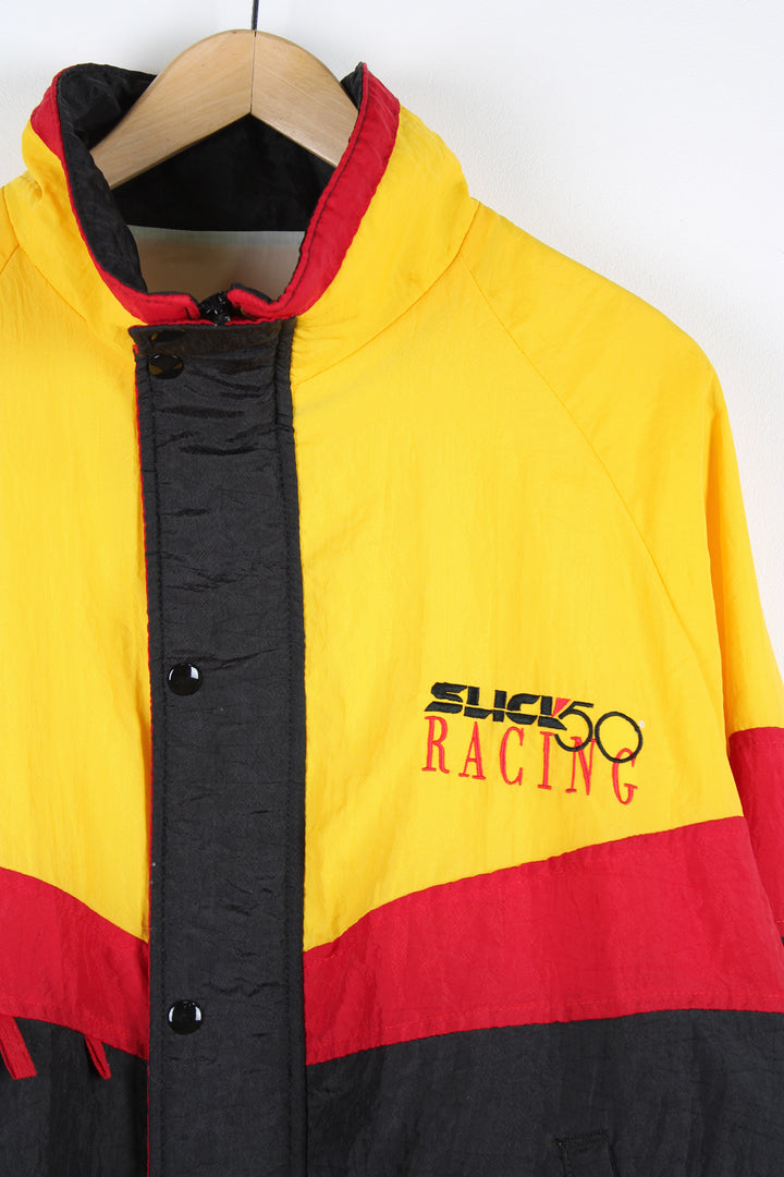 Slick Racing 50 red, yellow and black shell cropped racing jacket. Features embroidered spell-out details on the chest and across the back of the shoulders