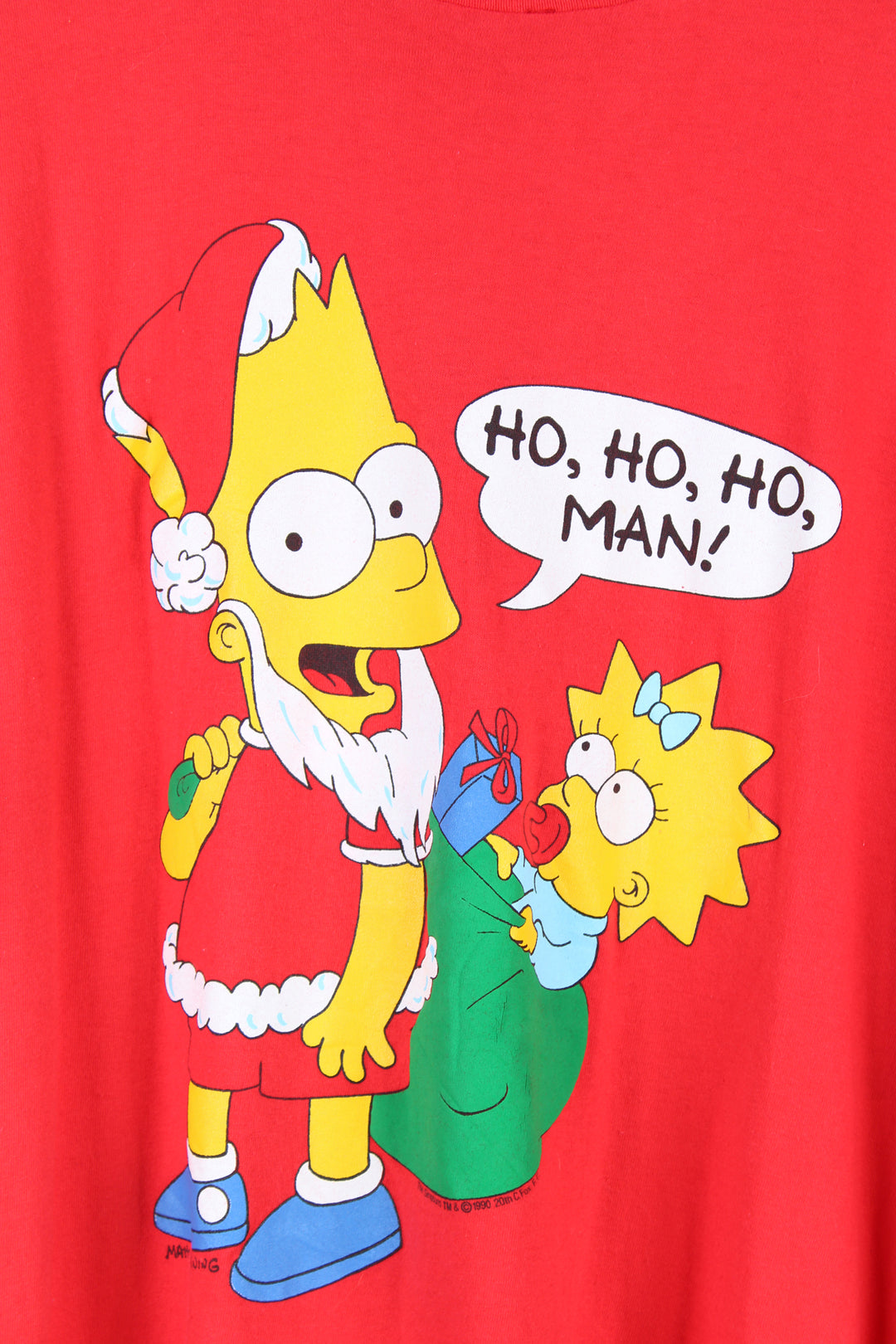 Vintage 90's Bart Simpson "Ho ho ho man" Christmas t-shirt in red.  good condition  Size in Label:  One Size fits all - Measures like a mens XXL