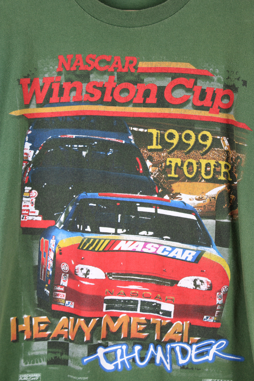 Vintage green 1999 NASCAR Winston Cup Heavy Metal Thunder Tour t-shirt. Features a design on the front and back and is single stitch.   good condition  Size in Label:  Mens M