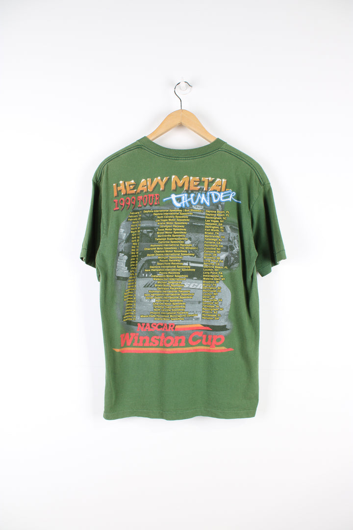 Vintage green 1999 NASCAR Winston Cup Heavy Metal Thunder Tour t-shirt. Features a design on the front and back and is single stitch.   good condition  Size in Label:  Mens M