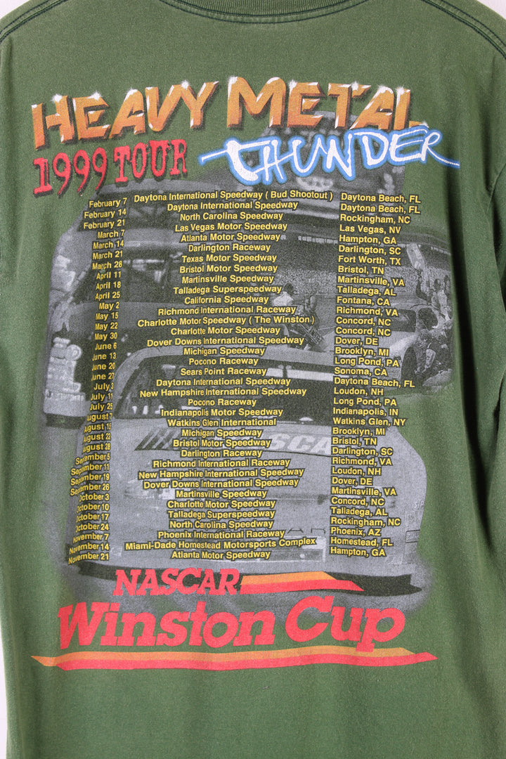 Vintage green 1999 NASCAR Winston Cup Heavy Metal Thunder Tour t-shirt. Features a design on the front and back and is single stitch.   good condition  Size in Label:  Mens M