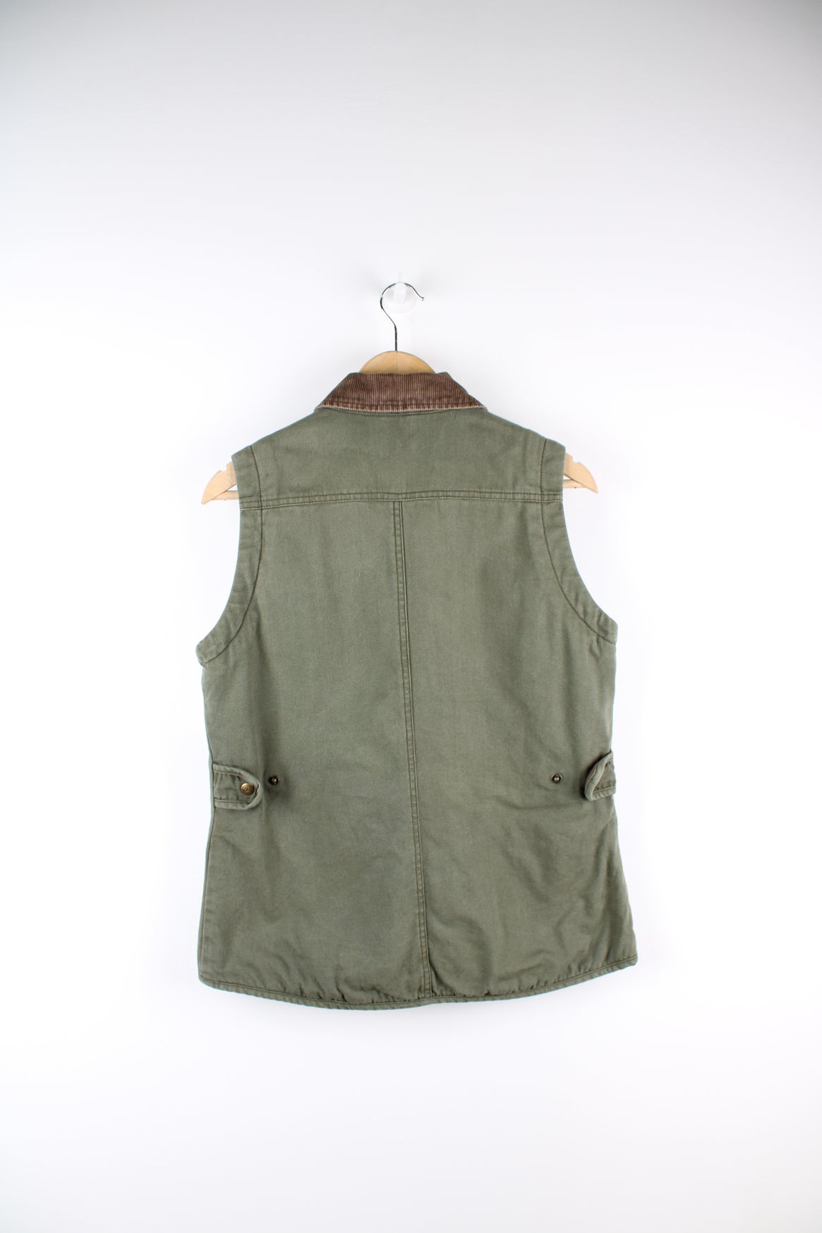 Forest green heavy duty cotton Woolrich workwear gilet, features striped fleece lining and corduroy collar