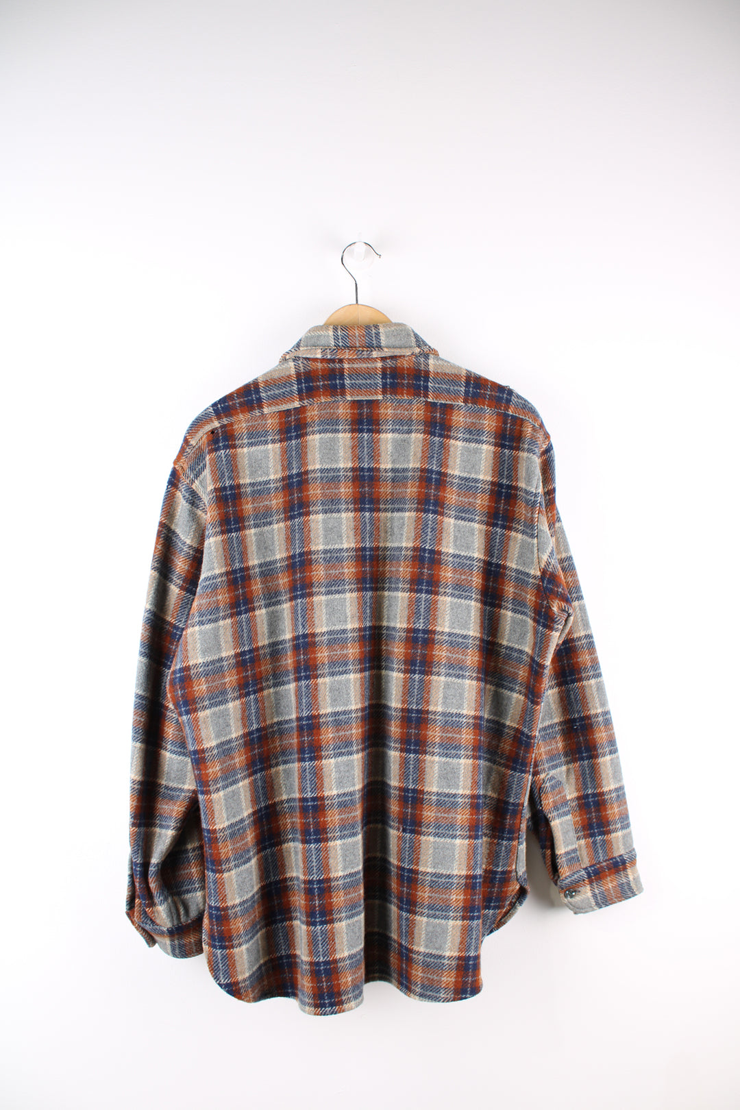 Vintage 80's Pendleton grey, brown and blue pure wool plaid shirt, features quilted lining, chest pocket and dagger collar