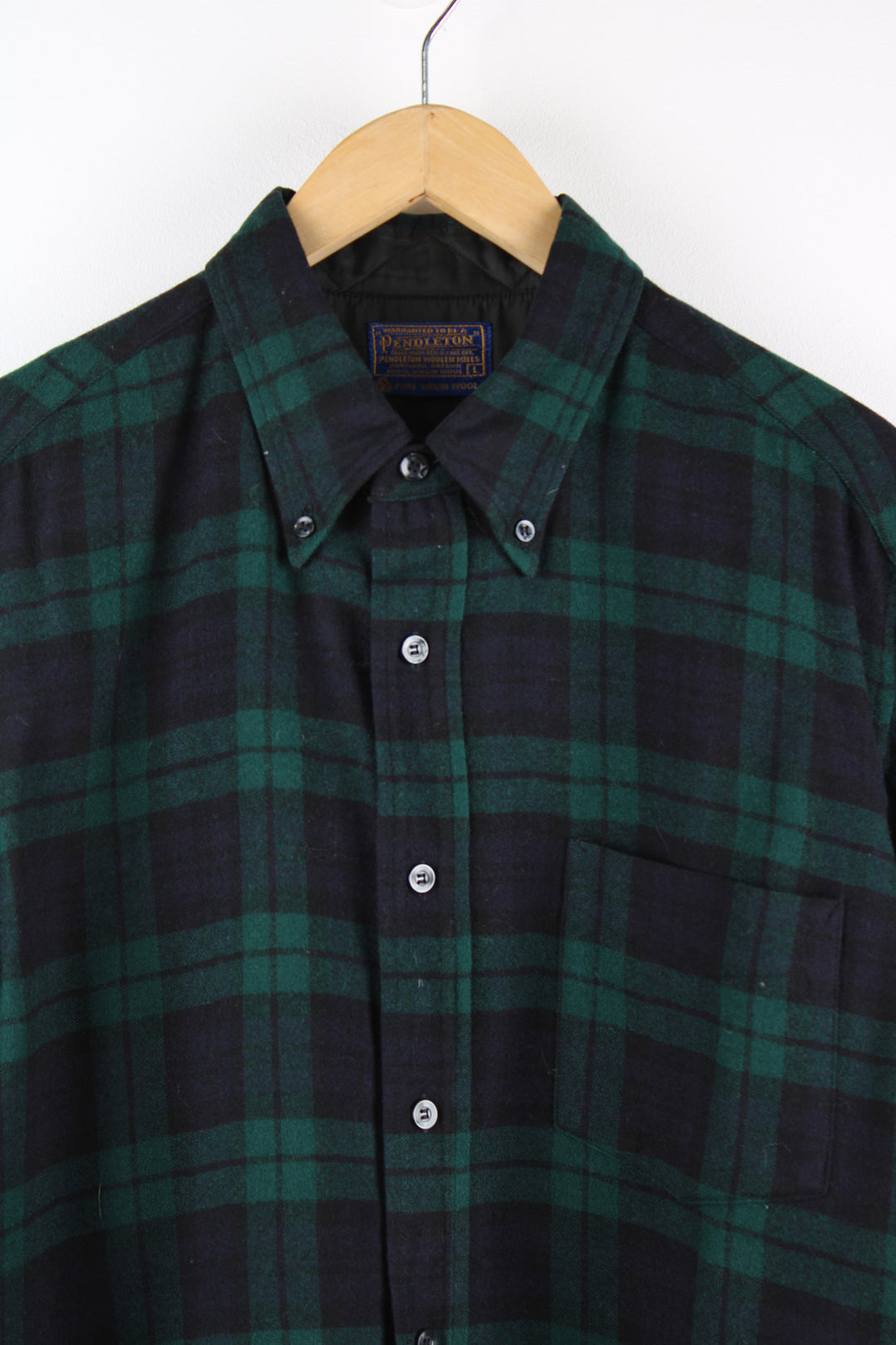 Vintage 70's/80's Pendleton green and blue plaid wool button up shirt with chest pocket