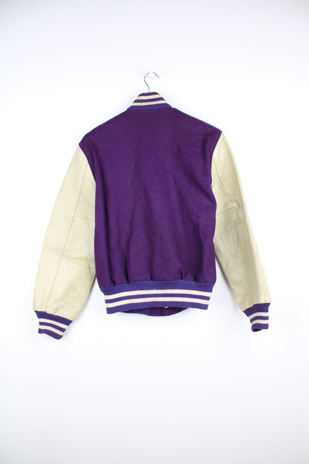 Vintage 1960's Hatchers tennis themed purple wool varsity jacket with leather sleeves and embroidered chain stitch name and other badges