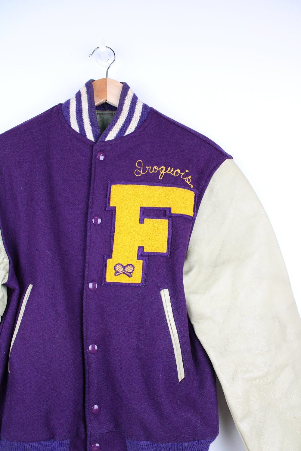 Vintage 1960's Hatchers tennis themed purple wool varsity jacket with leather sleeves and embroidered chain stitch name and other badges