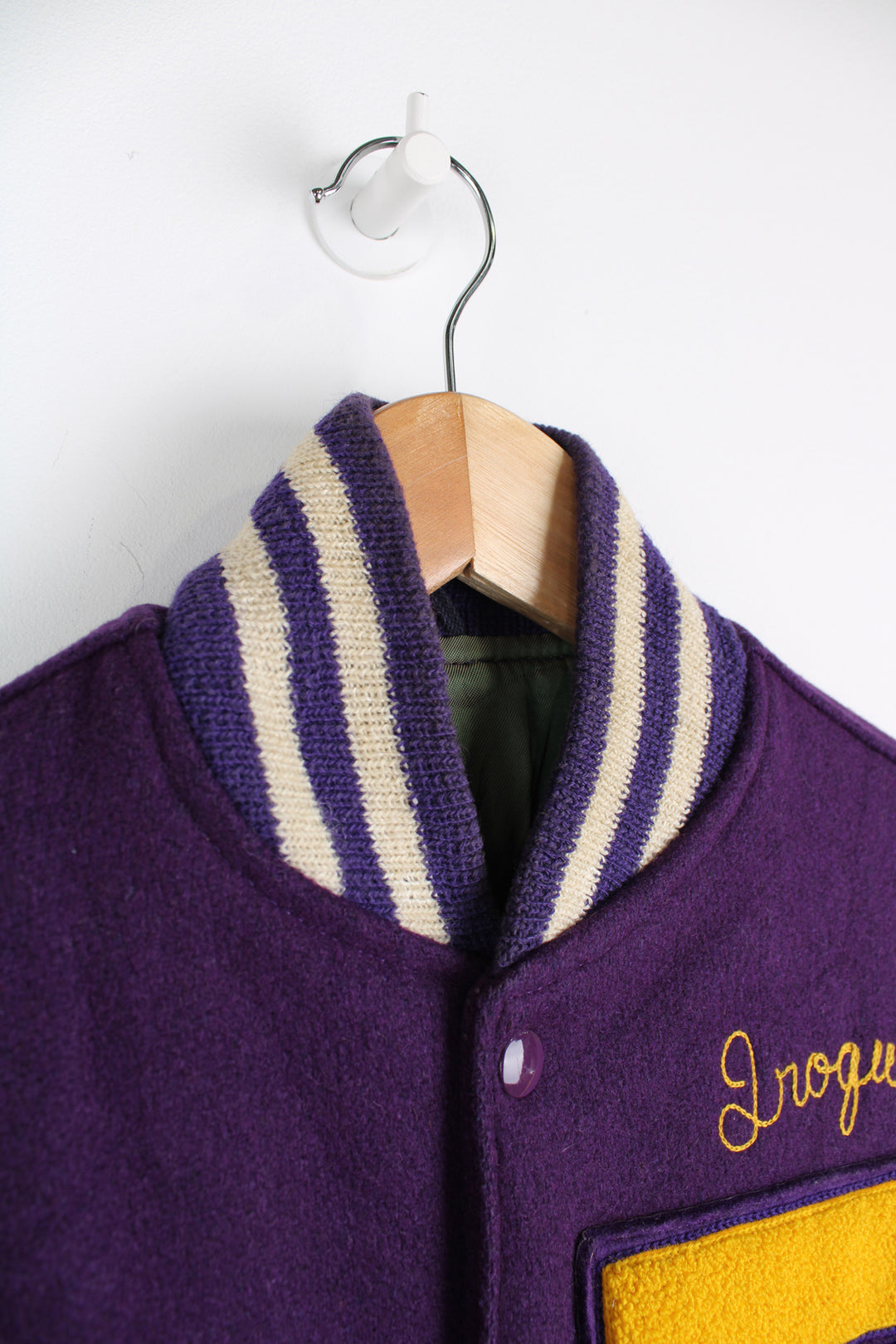 Vintage 1960's Hatchers tennis themed purple wool varsity jacket with leather sleeves and embroidered chain stitch name and other badges