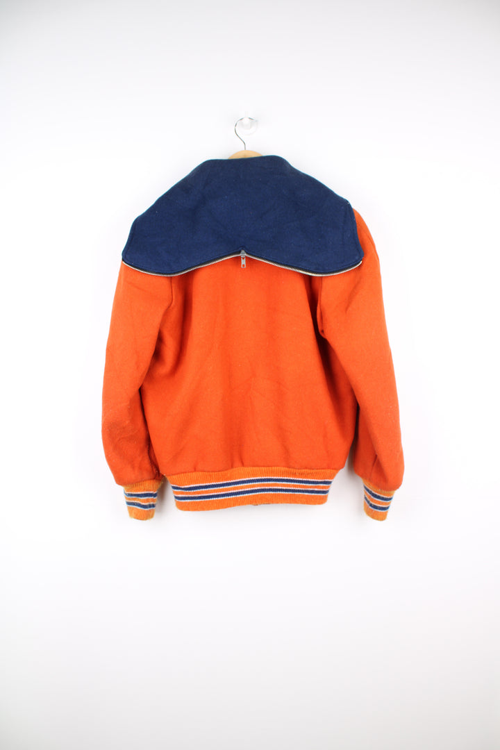  Vintage 1980s diving themed orange wool varsity jacket by Admiral Sportswear features leather sleeves and embroidered badges 