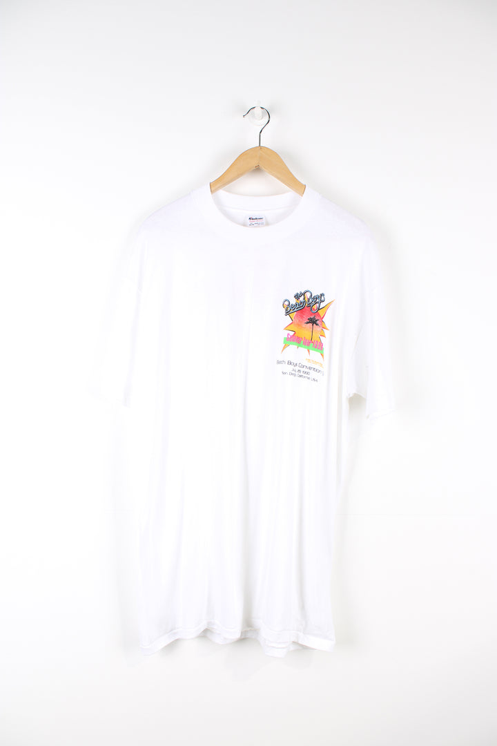 Vintage 1990 Beach Boys Convention single stitch white t-shirt with printed design on the front and back.  good condition  Size in Label:  Slim fit XL