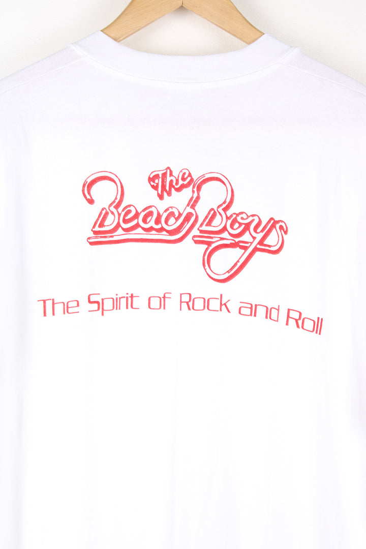 Vintage 1990 Beach Boys Convention single stitch white t-shirt with printed design on the front and back.  good condition  Size in Label:  Slim fit XL