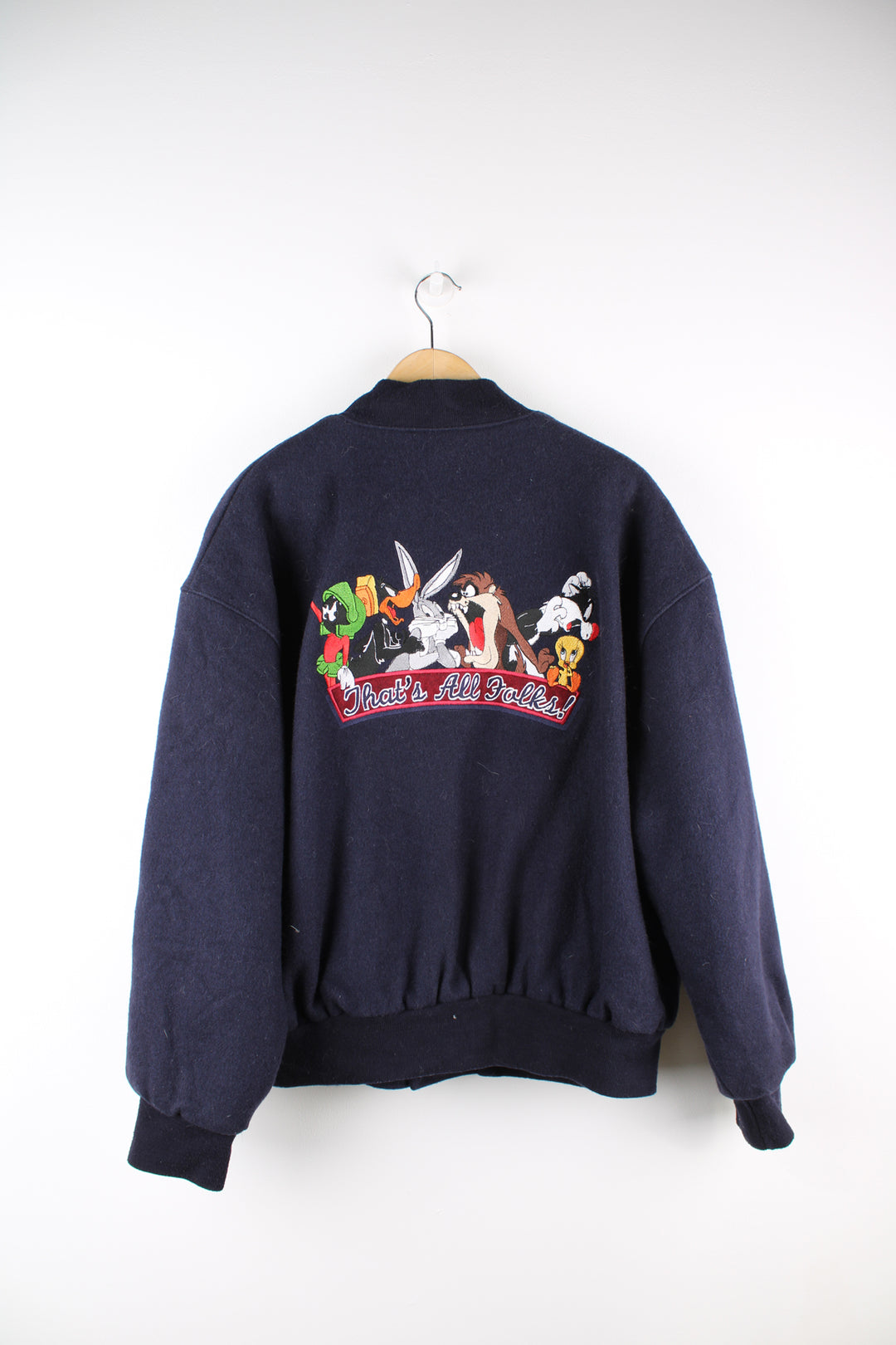 Vintage 1998 Warner Bros Looney Tunes wool varsity bomber jacket with embroidered characters and logo