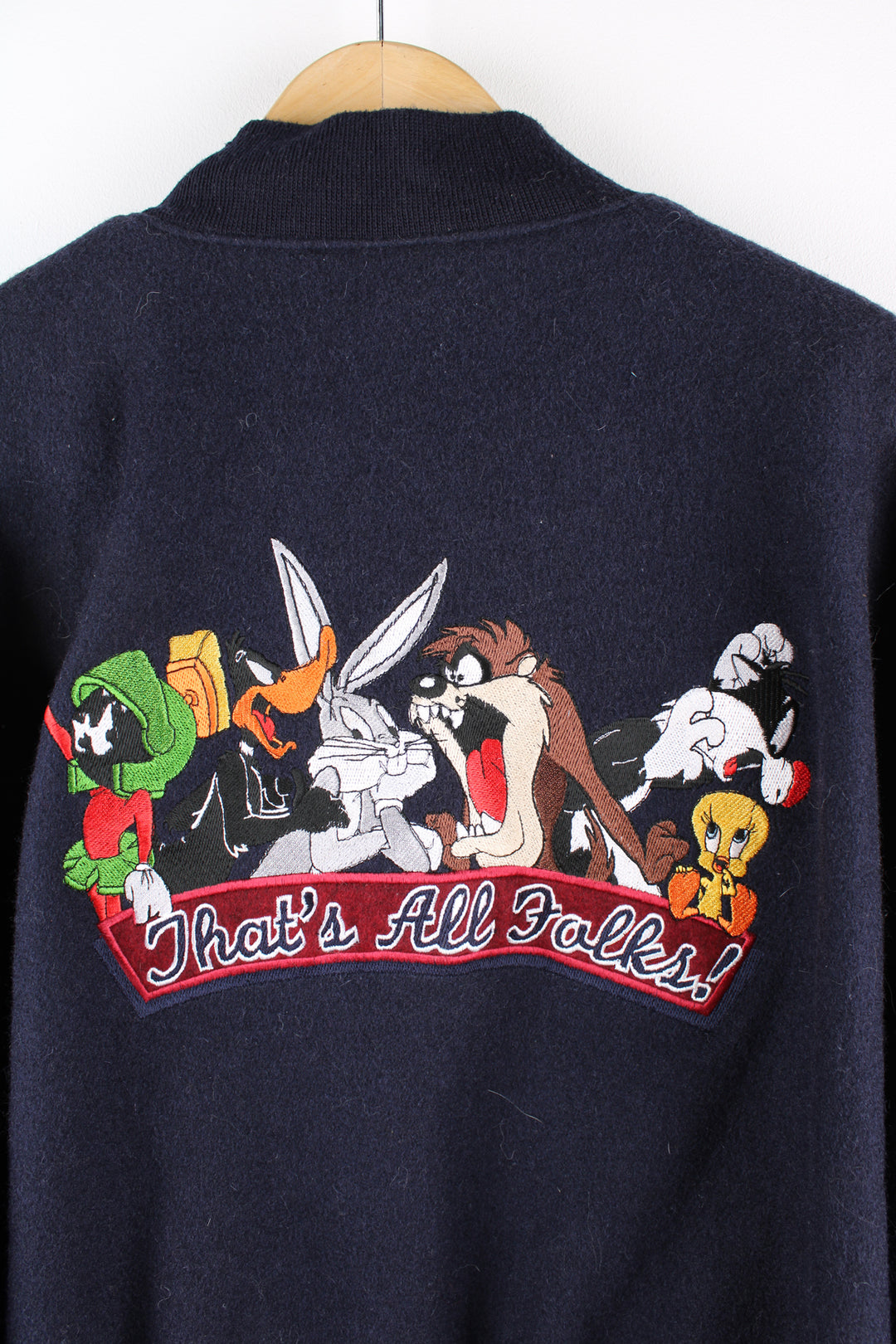 Vintage 1998 Warner Bros Looney Tunes wool varsity bomber jacket with embroidered characters and logo