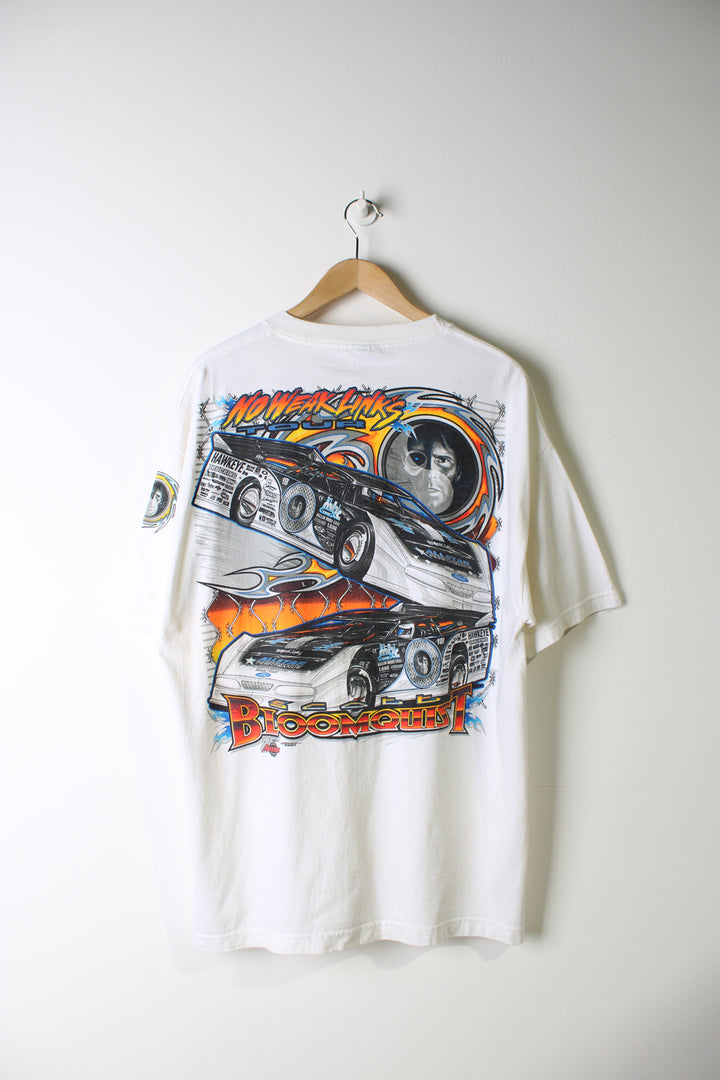 Vintage Scott Bloomquist Dirt Track racing t-shirt. White tee with printed graphic on the front and back.   good condition  Size in Label:  Mens XL - Measures more like a Mens L