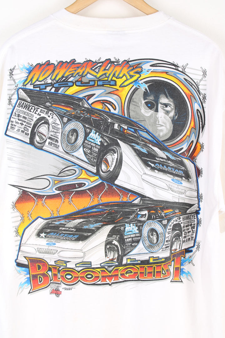 Vintage Scott Bloomquist Dirt Track racing t-shirt. White tee with printed graphic on the front and back.   good condition  Size in Label:  Mens XL - Measures more like a Mens L