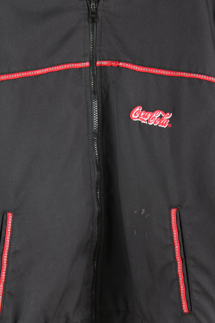 Coca Cola employee black zip through bomber jacket, features embroidered logo on the chest and back of shoulders