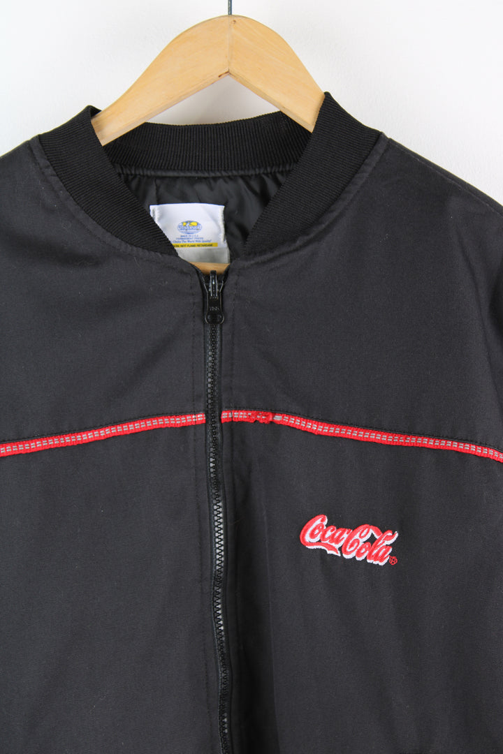 Coca Cola employee black zip through bomber jacket, features embroidered logo on the chest and back of shoulders