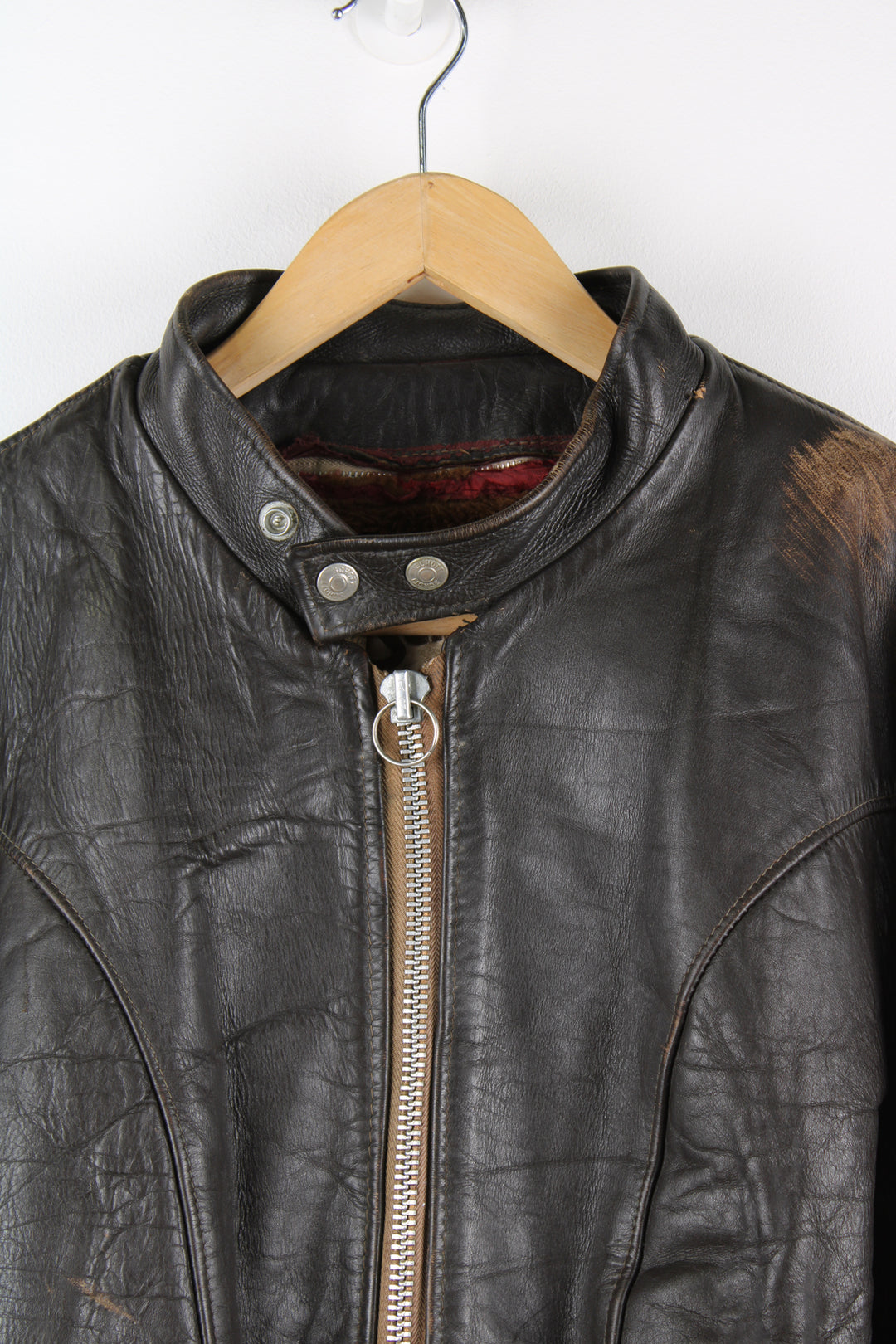 Vintage Schott NYC dark brown leather racer jacket, features removable liner, zip up pockets and adjustable buckles