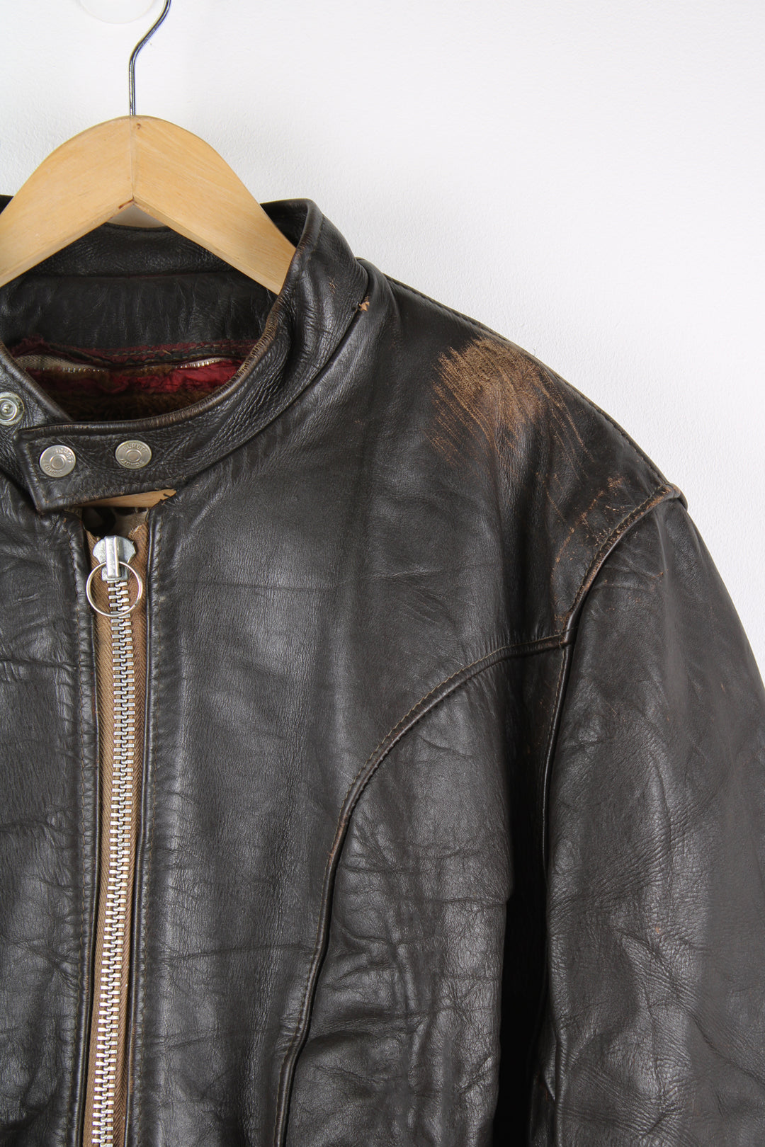 Vintage Schott NYC dark brown leather racer jacket, features removable liner, zip up pockets and adjustable buckles