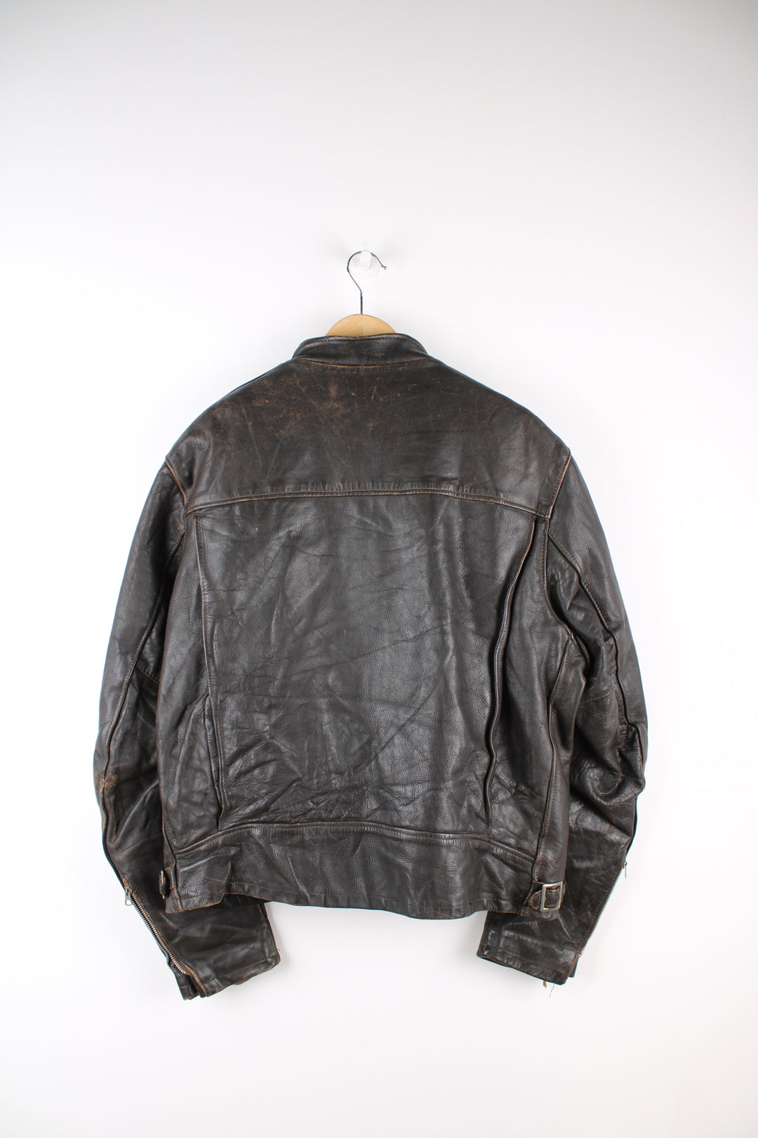 Vintage Schott NYC dark brown leather racer jacket, features removable liner, zip up pockets and adjustable buckles