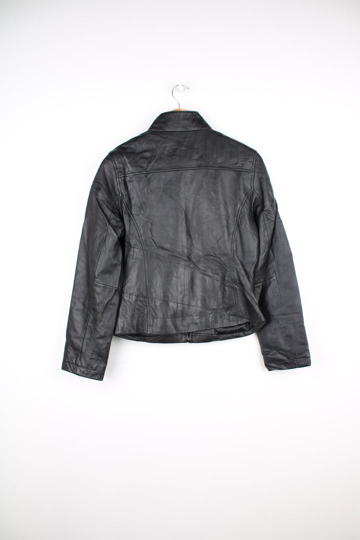 Y2K Calvin Klein black zip through biker style very soft leather jacket, with high collar 