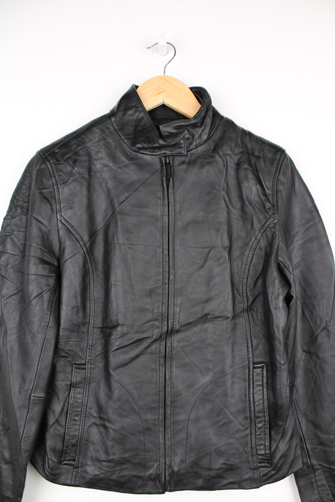 Y2K Calvin Klein black zip through biker style very soft leather jacket, with high collar 