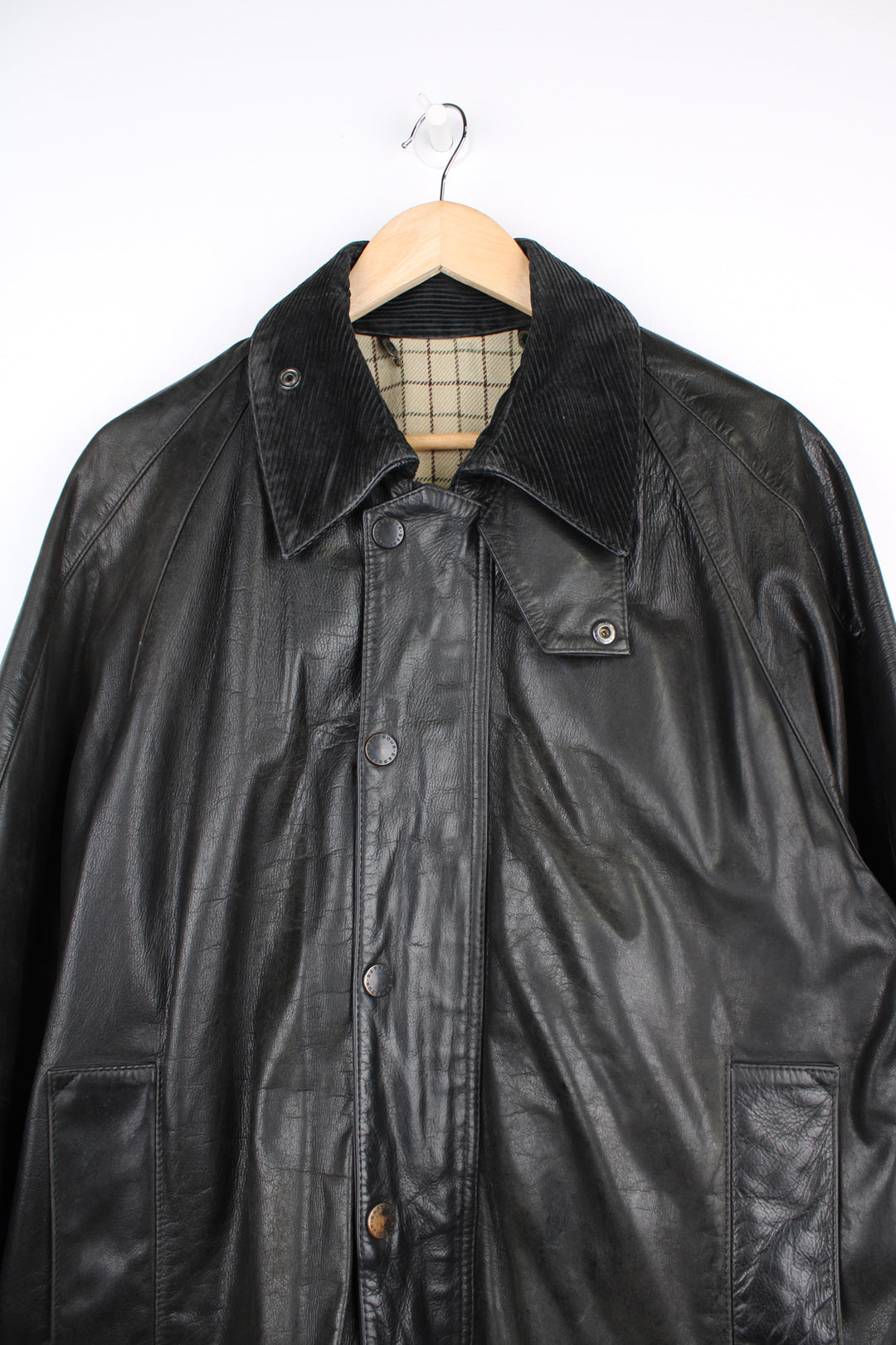 Barbour Beaufort leather jacket in black, with corduroy collar, multiple pockets