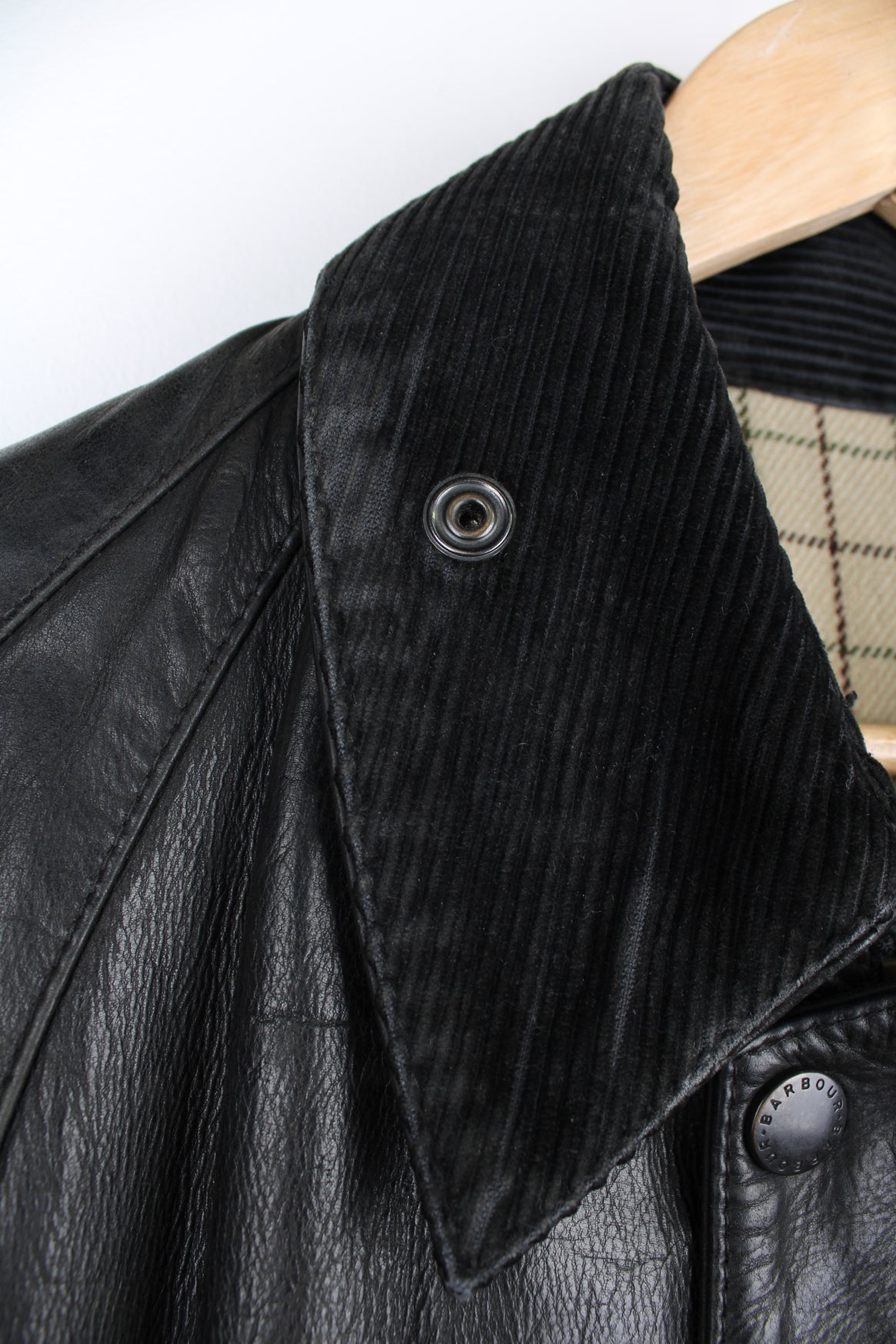 Barbour Beaufort leather jacket in black, with corduroy collar, multiple pockets