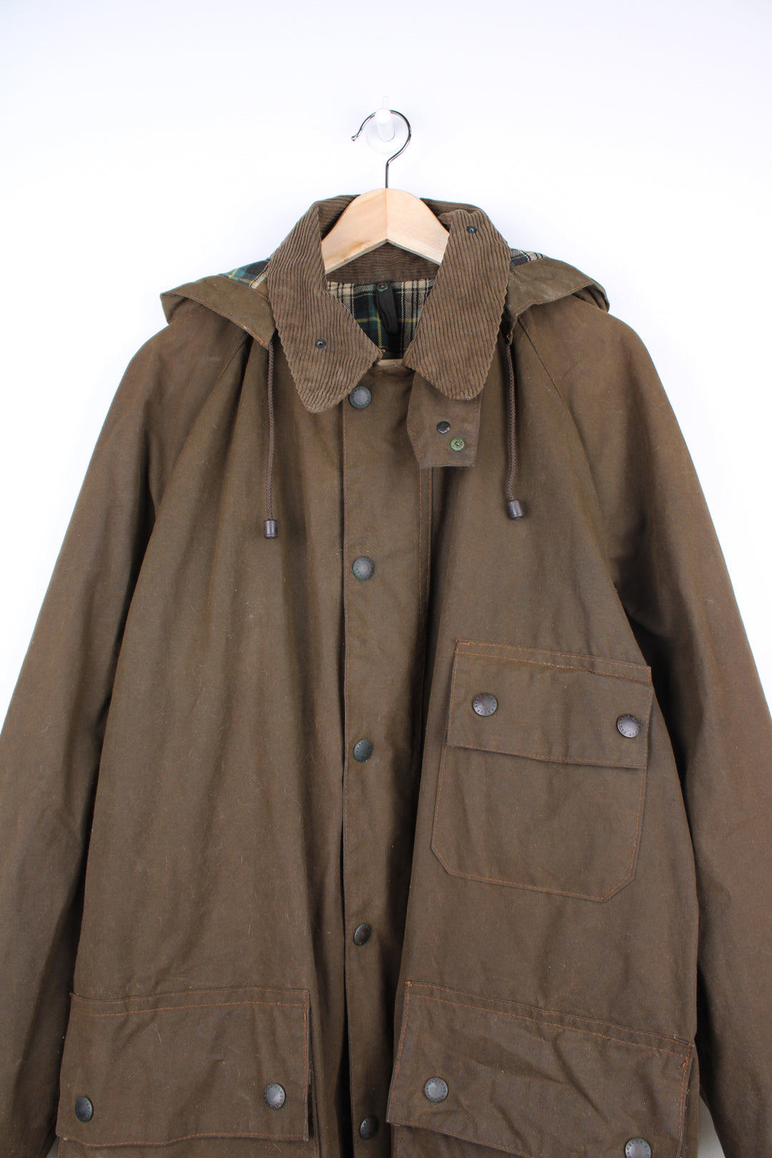 Vintage Made In England Barbour 'Solway Zipper' brown wax jacket, with multiple pockets, corduroy collar and removable hood