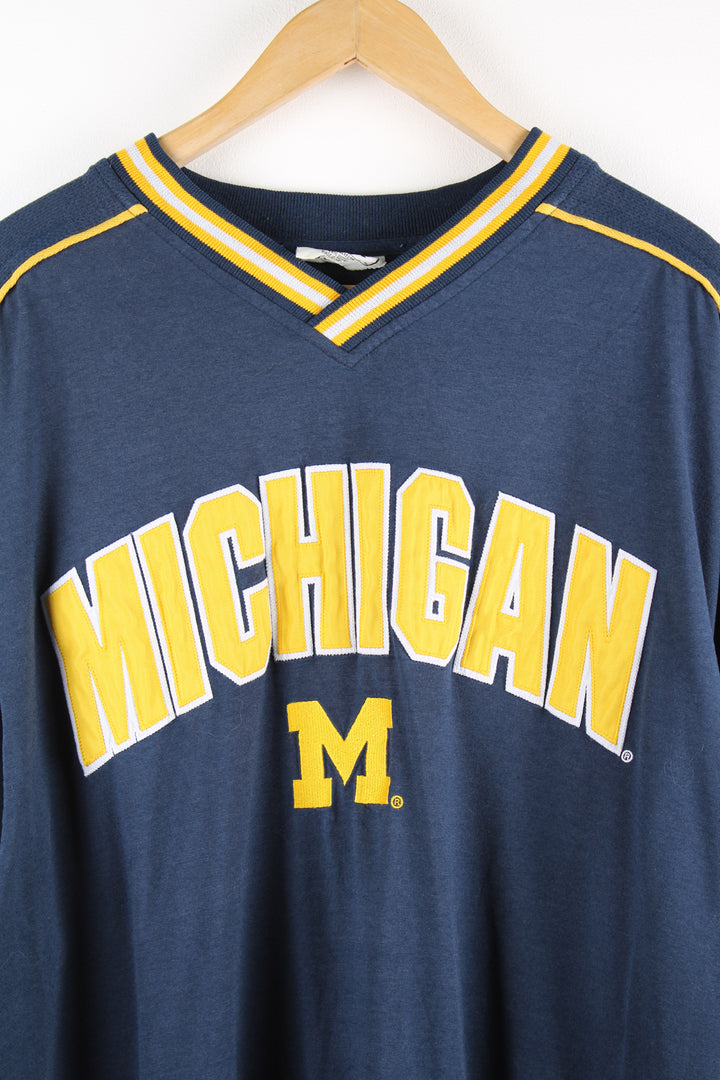 Vintage Lee Sport, Michigan University long sleeve t-shirt, blue and yellow team colourway, v neck with embroidered spell out and logo on the front. 