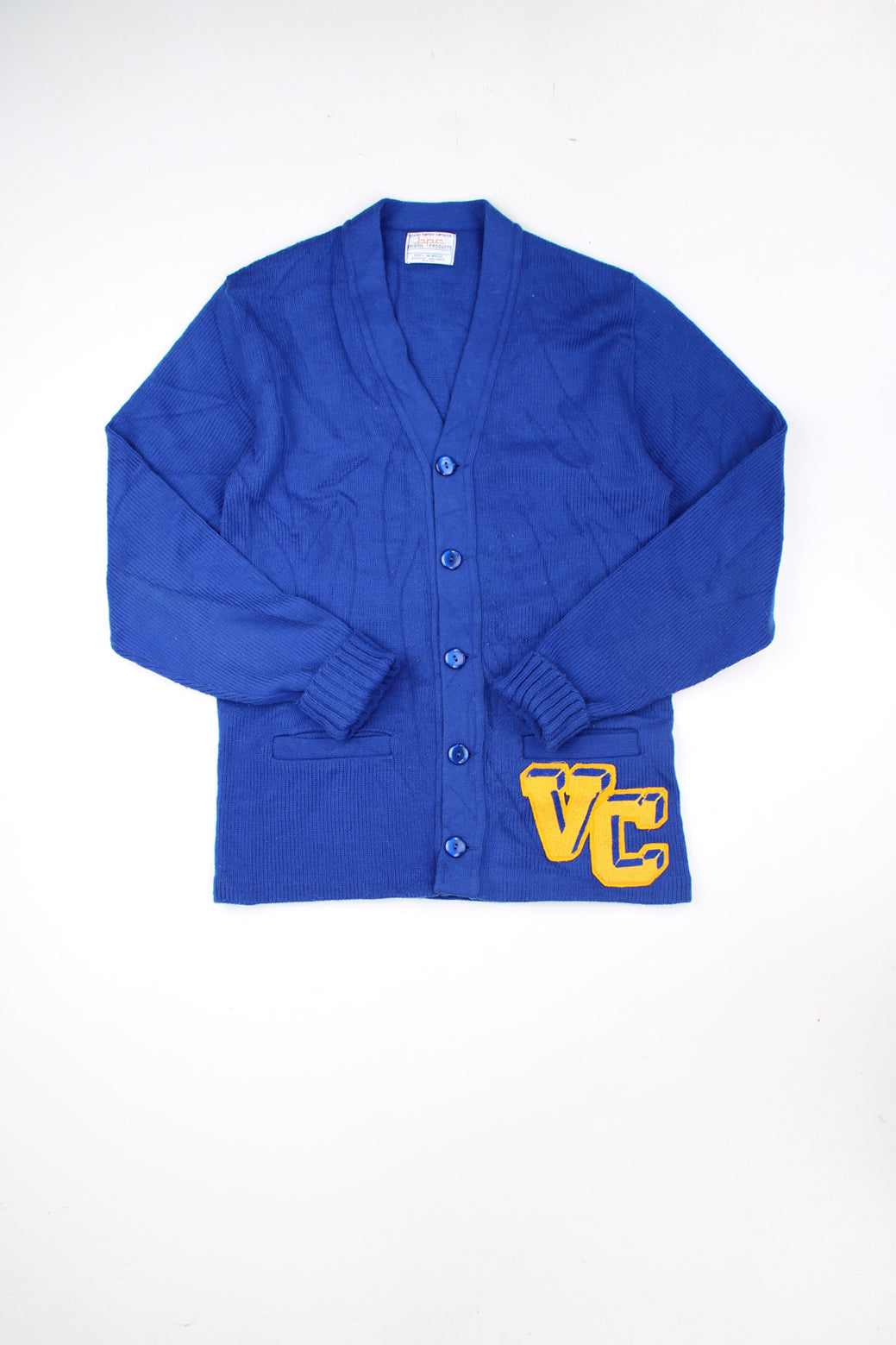 Vintage Bristol BPC Products 100% acrylic wool blue varsity/letterman cardigan, features embroidered badge and pockets