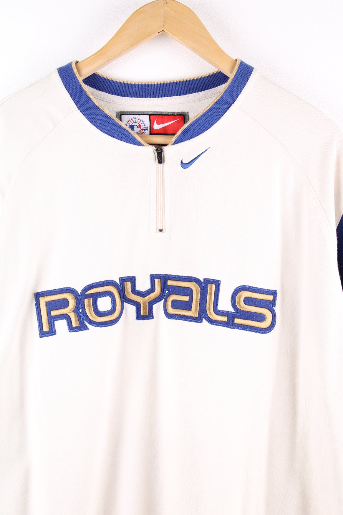 Vintage MLB Kansas City Royals, Nike training top, quarter zip up and quarter length sleeves, has embroidered logos and spell out on the front.