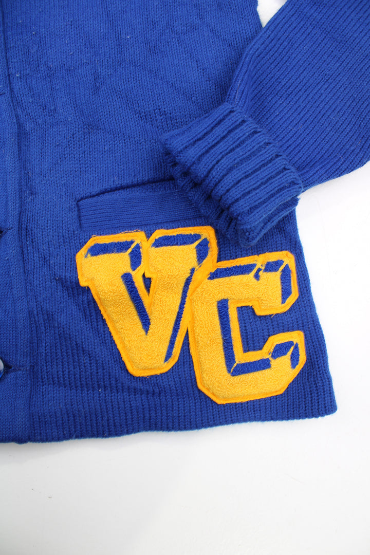 Vintage Bristol BPC Products 100% acrylic wool blue varsity/letterman cardigan, features embroidered badge and pockets