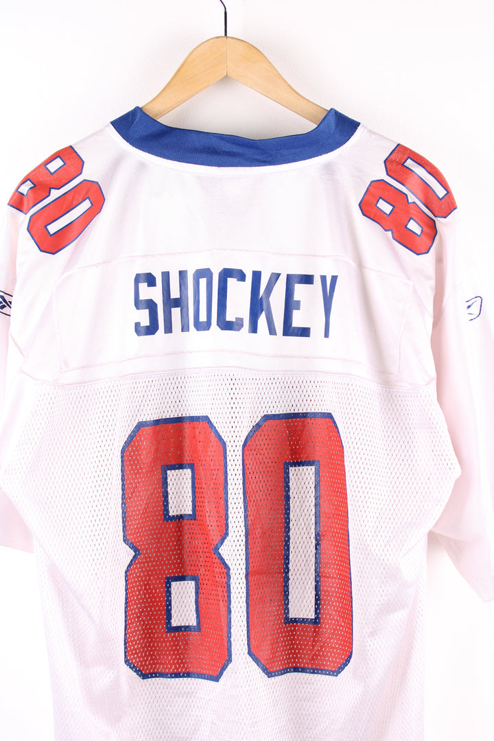 Vintage New York Giants NFL, Reebok jersey in the white, blue and orange team colourway, with Jeremy Shockey number 80 on the back. 